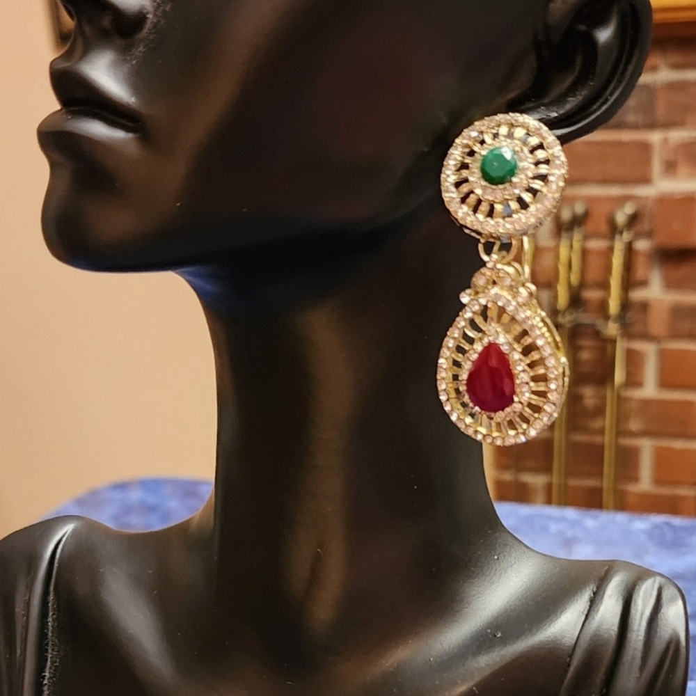 Vintage 80's Gold Tone Glass Crystals Runway Piercing Earrings